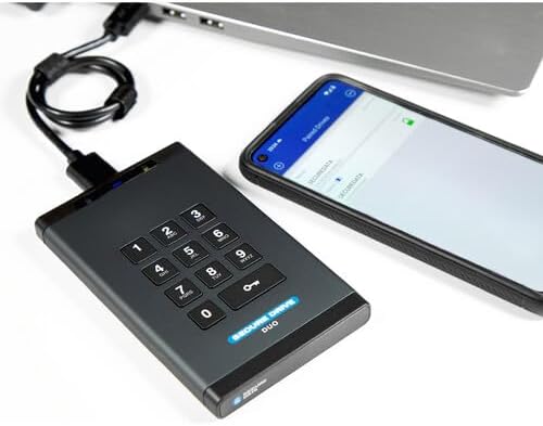 SecureData SecureDrive Duo 4TB Hardware Encrypted USB 3.0 Ext Drive FIPS 140-2 Level 3 Unlock via KeyPad or Phone app TAA Compliant CJIS HIPAA CMMC GDPR Compliant Works with Mac and Win Free AV