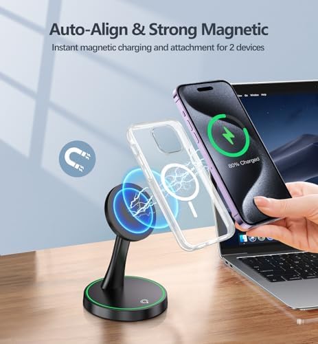2 Pack Magnetic Wireless Charger Stand 15W Fast Magnetic Charger for iPhone 16/16 Pro/16 Plus/16 Pro Max/15/14/13/12 Series Magnet Wireless Charging Station/Pad with Sleep-Friendly Light for AirPods