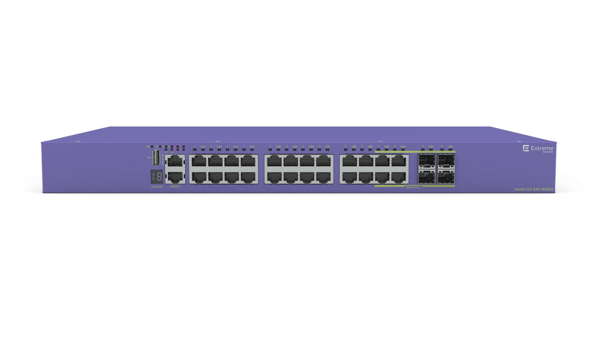 Extreme Networks ExtremeSwitching X440-G2 X440-G2-24t-10GE4 - Managed 24x10/100/1000 + 4x1/10G SFP+ + 4xSFP Gigabit Combo - Rack
