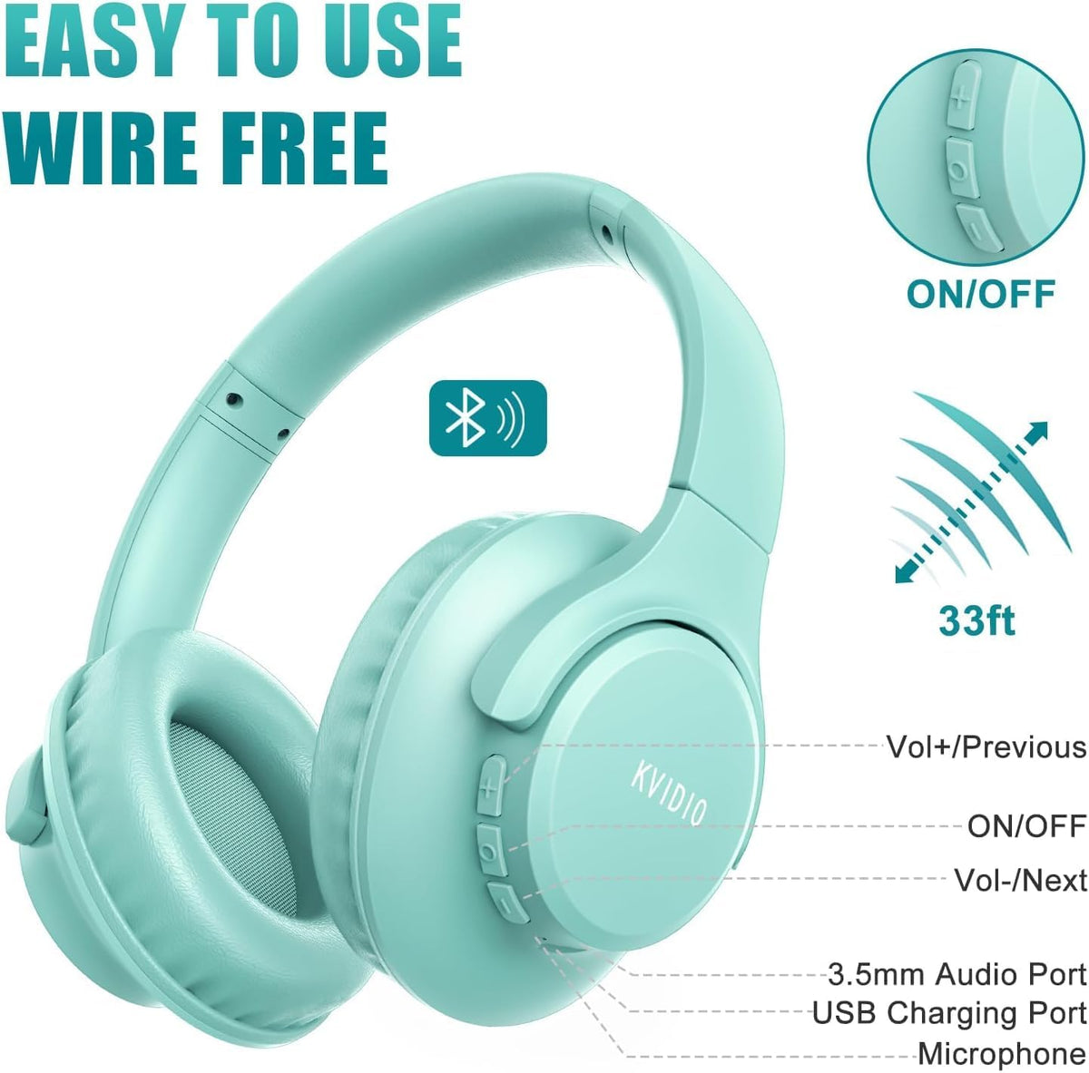 KVIDIO Bluetooth Headphones Over Ear, 65 Hours Playtime Wireless Headphones with Microphone, Foldable Lightweight Headset with Deep Bass, HiFi Stereo Sound Low Latency for Travel Work Cellphone