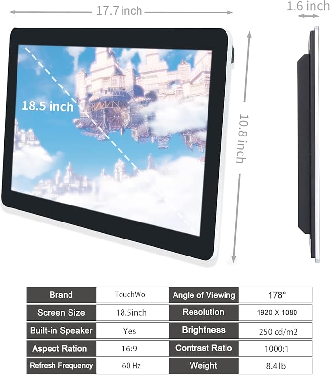 18.5 inch Android 12 Touchscreen Monitor Tablet 16:9 FHD 1080P WiFi & BT Built-in Speakers RK3588 4GB RAM & 64GB ROM Smart Board for Classroom Meeting & Game