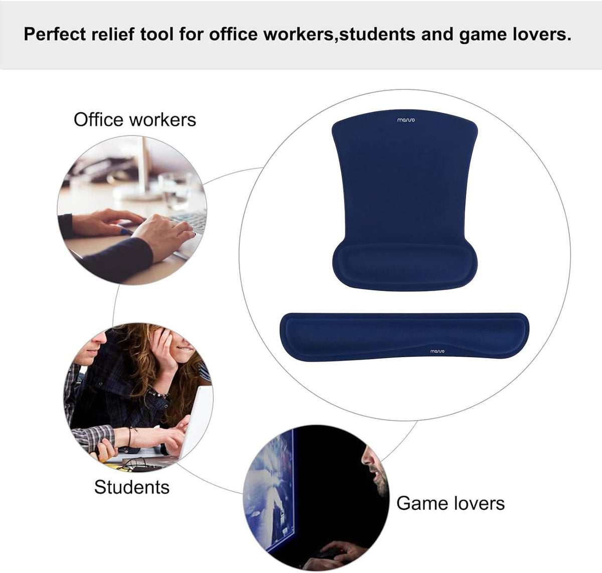 MOSISO Wrist Rest Support for Mouse Pad & Keyboard Set, Ergonomic Mousepad Non-Slip Base Home/Office Pain Relief & Easy Typing Cushion with Neoprene Cloth & Raised Memory Foam, Navy Blue