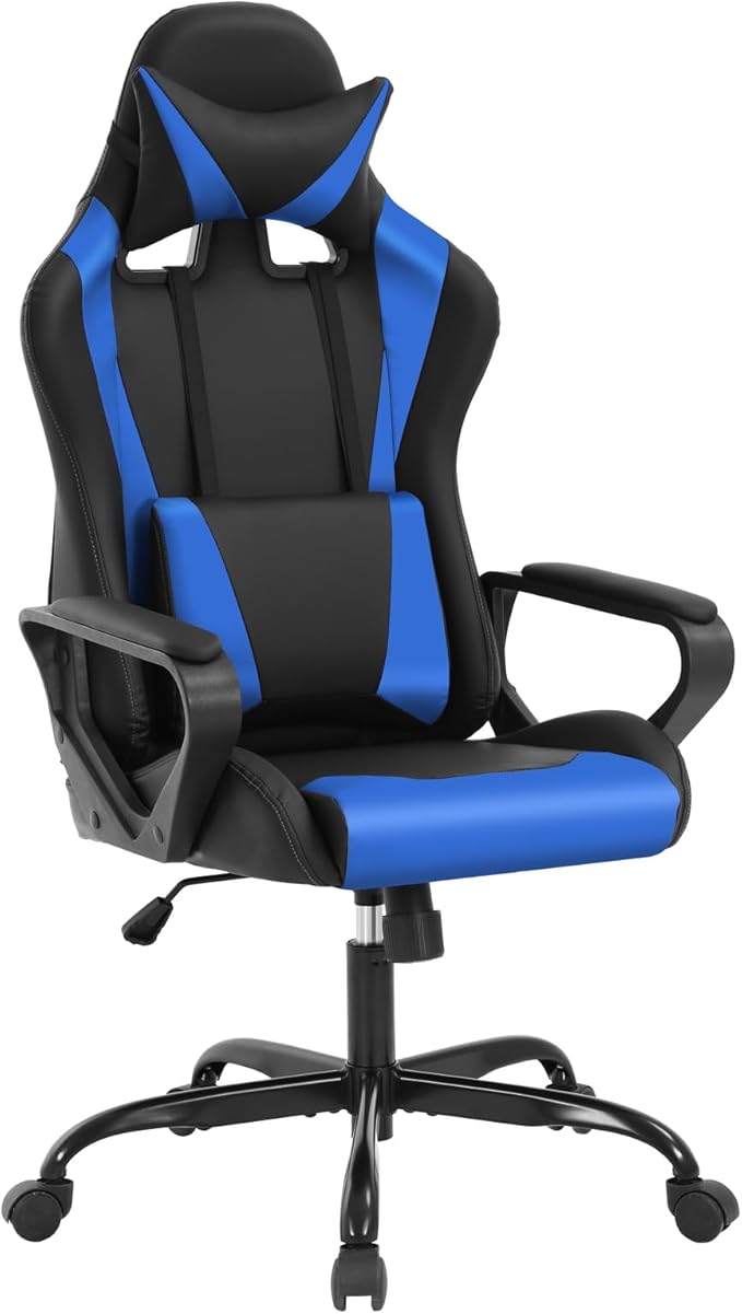 Blue Gaming Chair | Ergonomic High Back Desk Chair Racing Style with Lumbar Support Headrest & Arms - Heavy Duty Swivel Computer Chair for Office