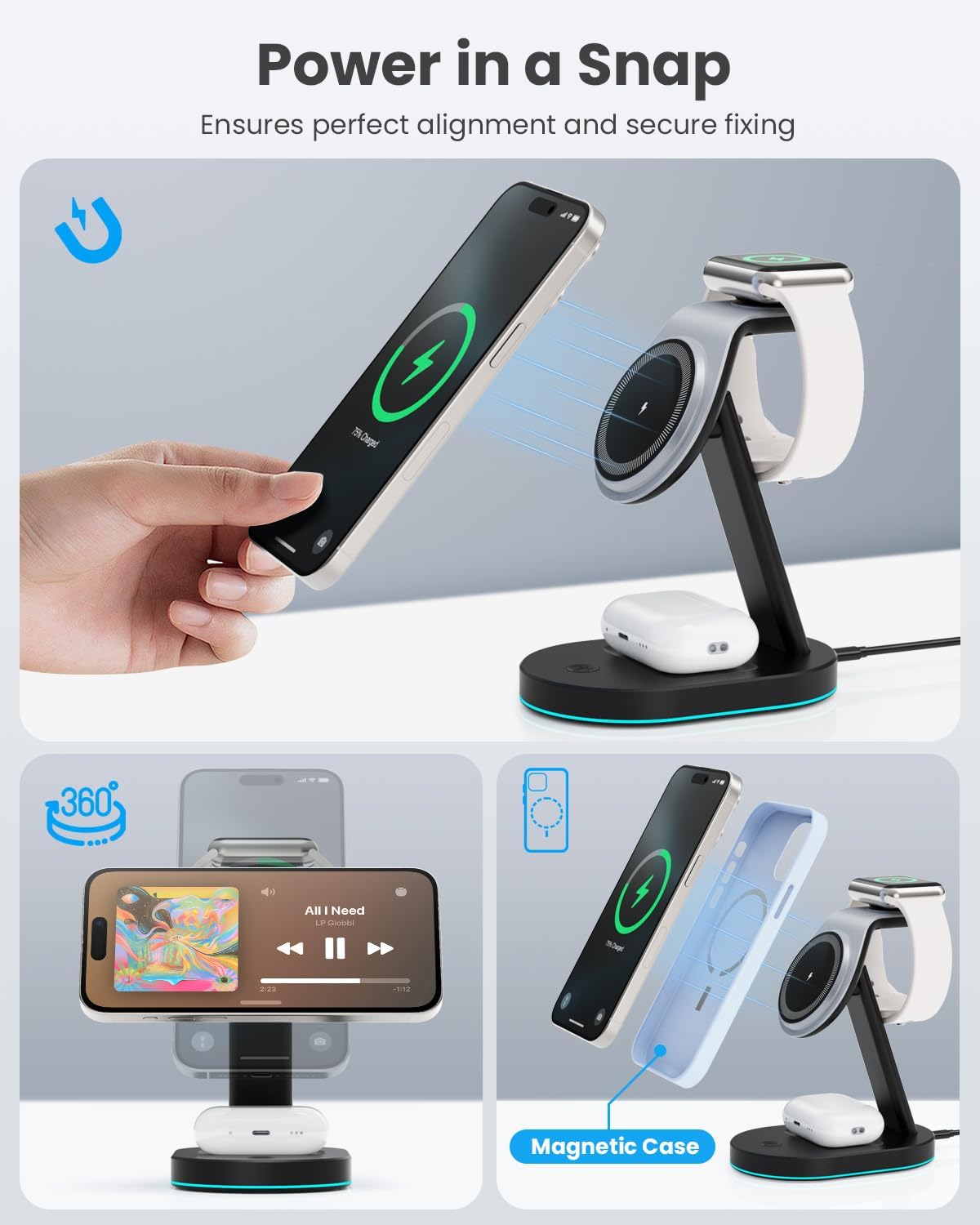 3 in 1 Wireless Charger Charging Station for iPhone,Qi2 Certified 15W Magnetic Charging Stand for Mag-Safe with 30W USB C Adapter&Friendly Night Light for iPhone 16/15/14/13/12,Apple Watch,AirPods
