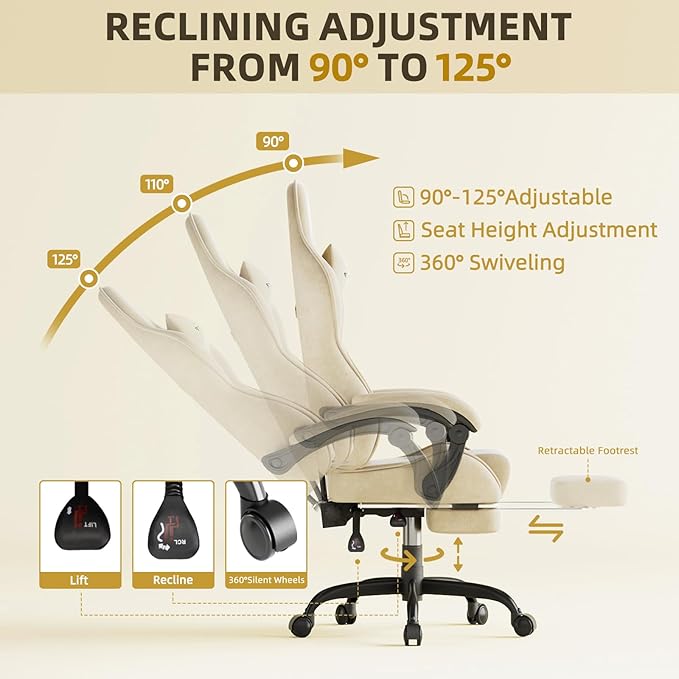 Ferghana Velvet Fabric Gaming Chair High Back Ergonomic Gamer Chair for Adult Comfortable Video Game Chair with Footrest and Massage Lumbar Cushion Racing Reclining Office Computer Desk Chair Beige