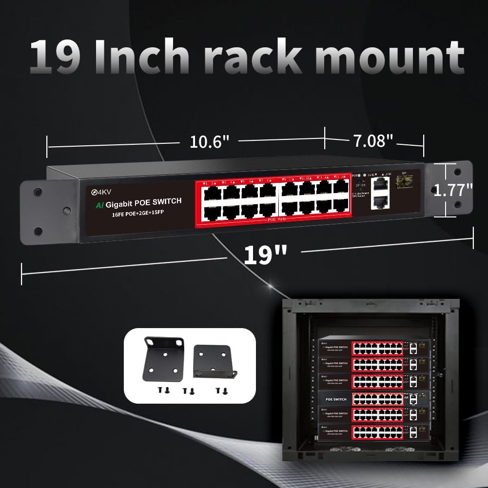 PoE Switch with 16 POE Ports +2 Gigabit Uplink,1 x 1.25G SFP,802.3af/at PoE+ 100Mbps, 240W Built-in Power, Extend to 250Meter,Unmanaged Metal Plug and Play