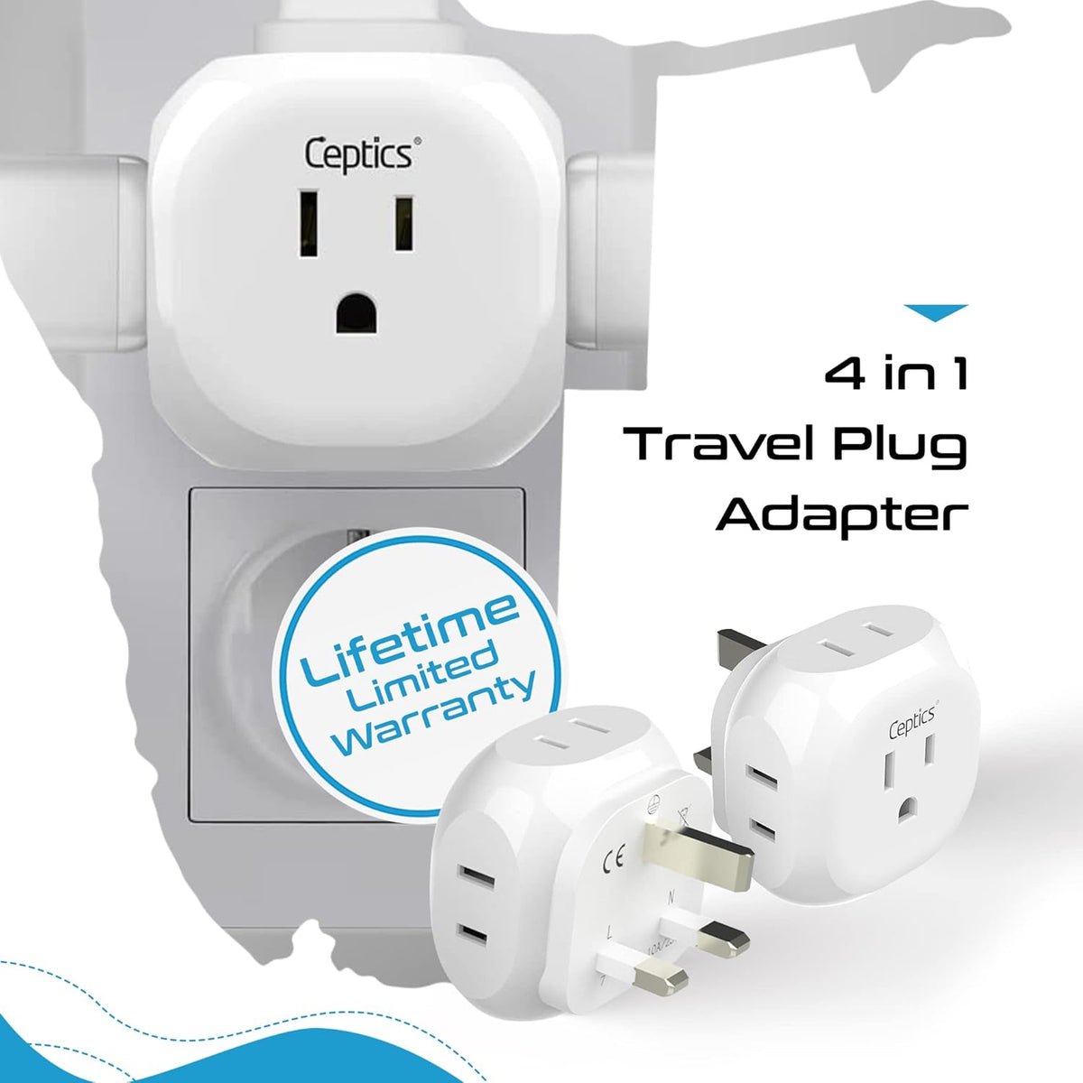 Ceptics US to UK Plug Adapter UK, Ireland Power Adapter Charger 4 Input - Ultra Compact - Light Weight - USA to Any Type G Countries Such as Hong Kong, England and More - 2 Pack (PT-7), White