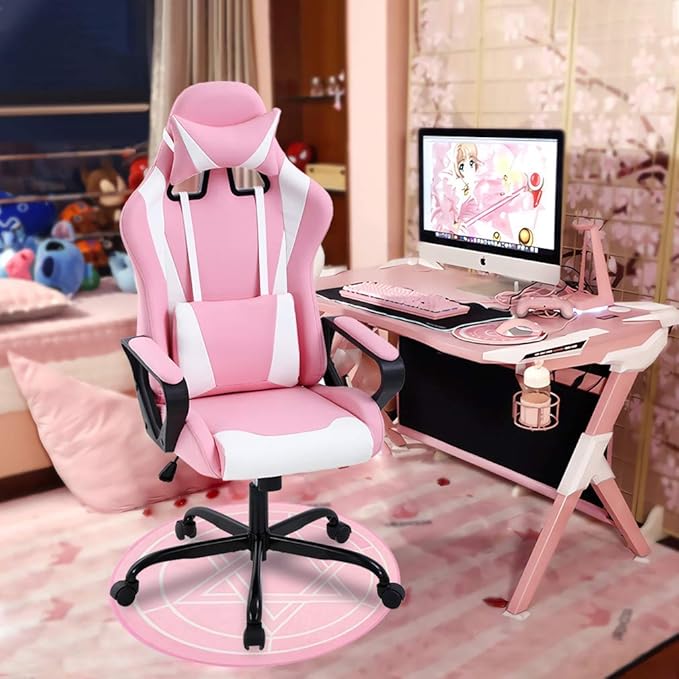 Pink Gaming Chair for Adults - High Back Ergonomic Office & PC Gaming Chair with Wheels Reclining & Adjustable Headrest & Lumbar Support