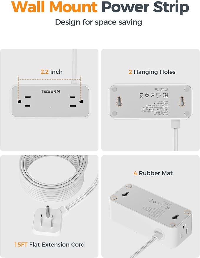 TESSAN Extension Cord 15 FT, Power Strip with 900J Surge Protection, Grey
