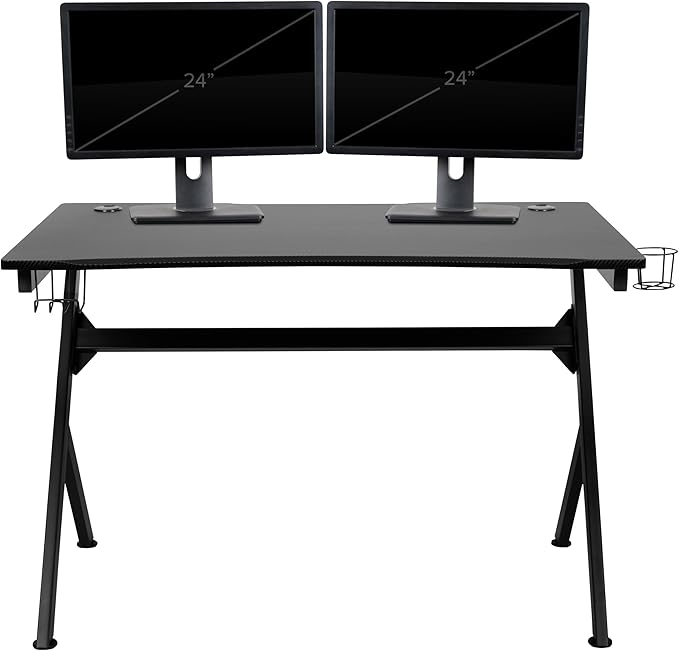 BizChair Black Gaming Desk with Cup Holder/Headphone Hook/2 Wire Management Holes & Black Reclining Back/Arms Gaming Chair with Footrest