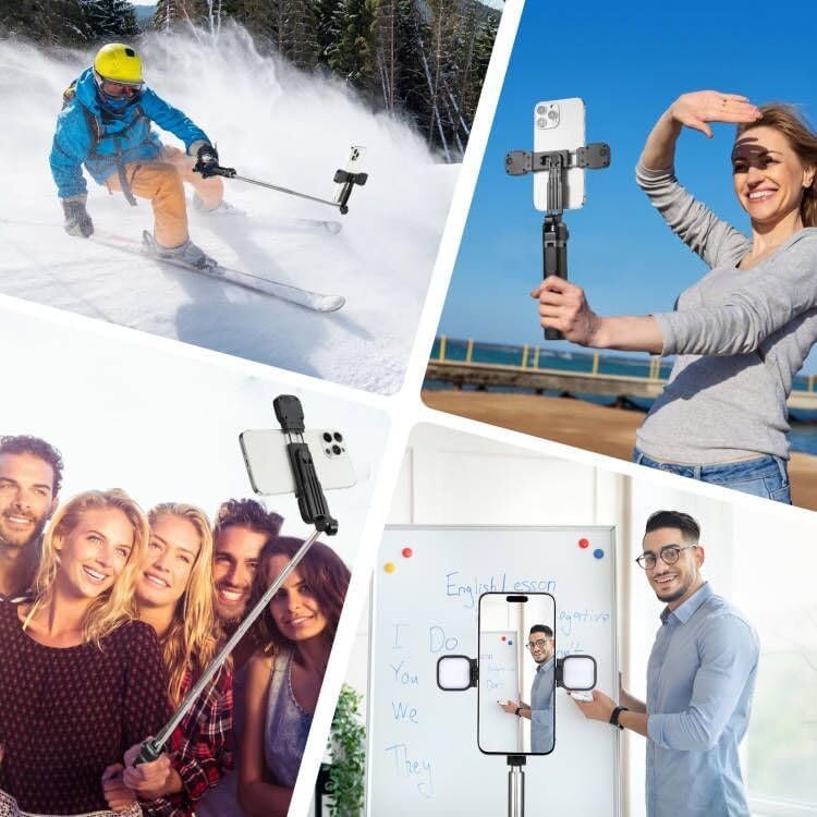 MQOUNY Mini iPhone Tripod Stand & Selfie Stick with Wireless Remote & Removable Light, Extendable Stand 360 Rotation Compatible with iPhone & Android Samsung (Black)