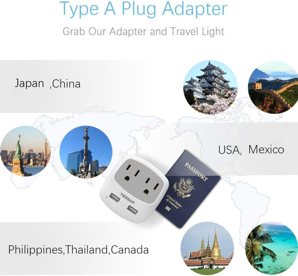 TESSAN US to Japan Plug Adapter, 2 Prong to 3 Prong Outlet Adapter with Two AC Outlets 2 USB Ports, Travel Power Adaptor for USA to Japanese Tokyo Canada Mexico Philippines Peru Colombia, Type A