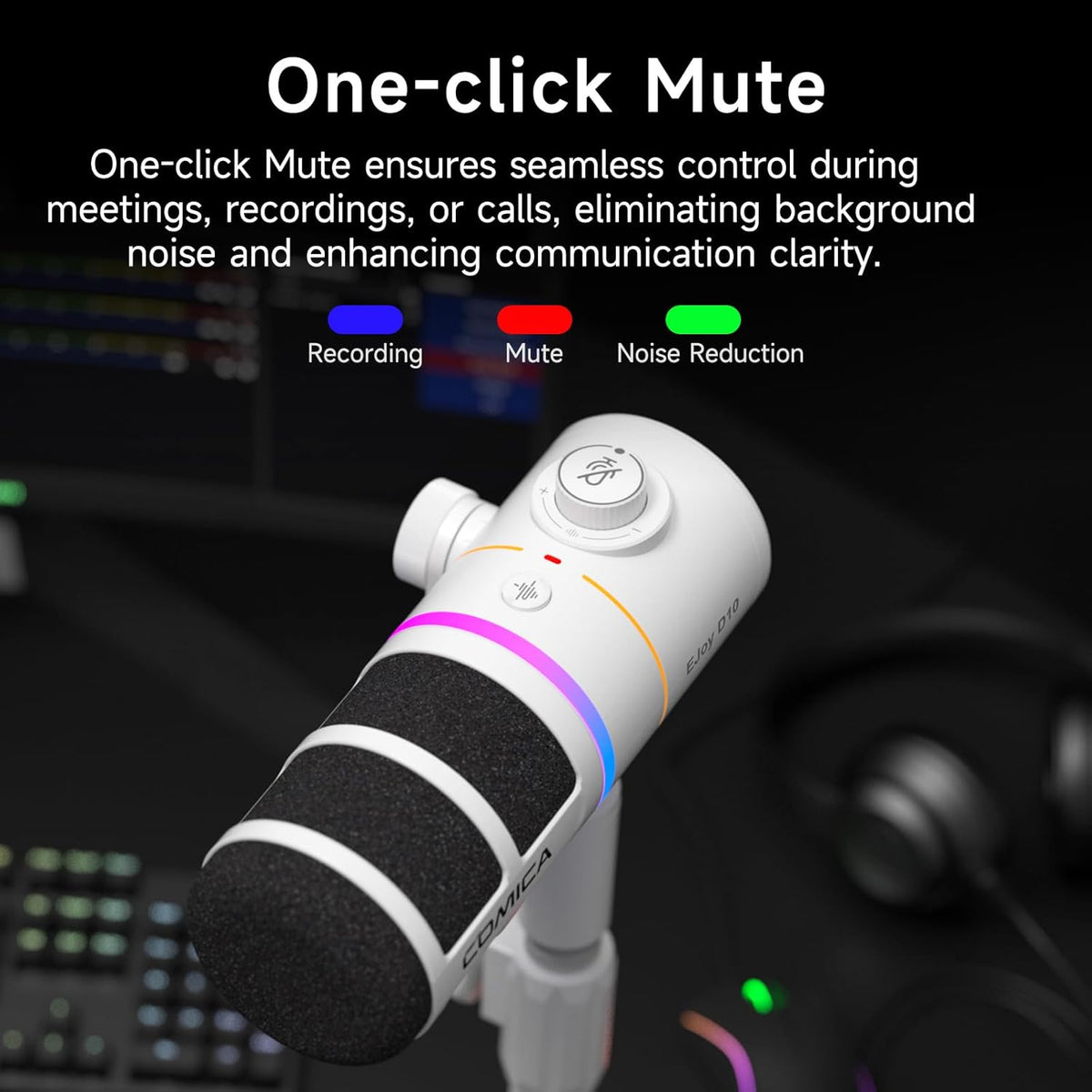 COMICA EJoy D10(D) USB Gaming Microphone – RGB Dynamic Mic with Noise Cancellation, XLR/USB-C, Real-Time Monitoring, Muting, Professional Studio Mic for Gaming, Streaming, Podcast, Recording (White)