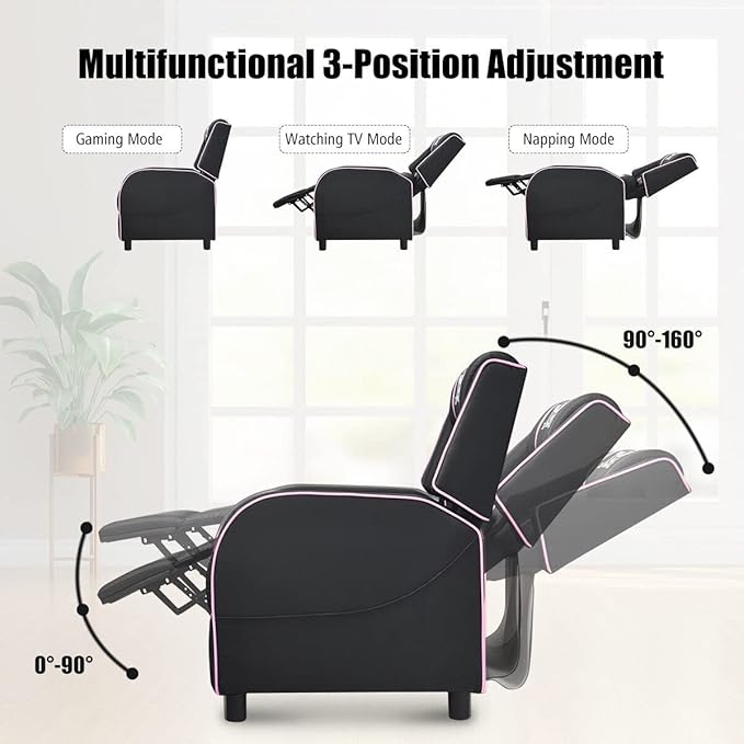 8AM Office Gaming Massage Recliner Sofa Ergonomic PU Leather Gaming Recliner Sofa with Footrest Lumber Support Side Pouch & Remote Control for Gaming Living Room Theater (Pink)