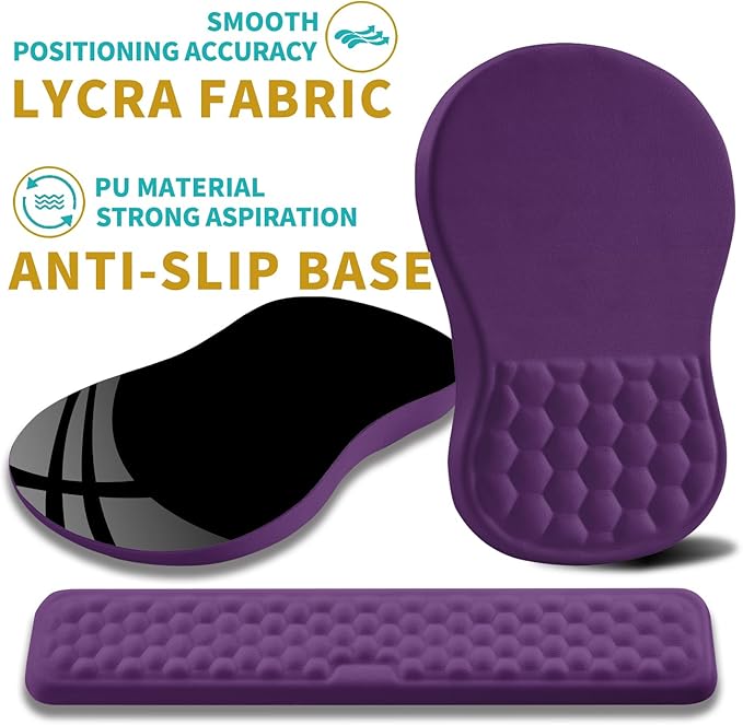 Hokafenle 2 in 1 Ergonomic Mouse Pad Wrist Support & Wrist Rest for Computer Keyboard Set with Relieve Carpal Tunnel Pain Massage Bulge and Full Memory Gel Design (2In1 Set Dark Purple)