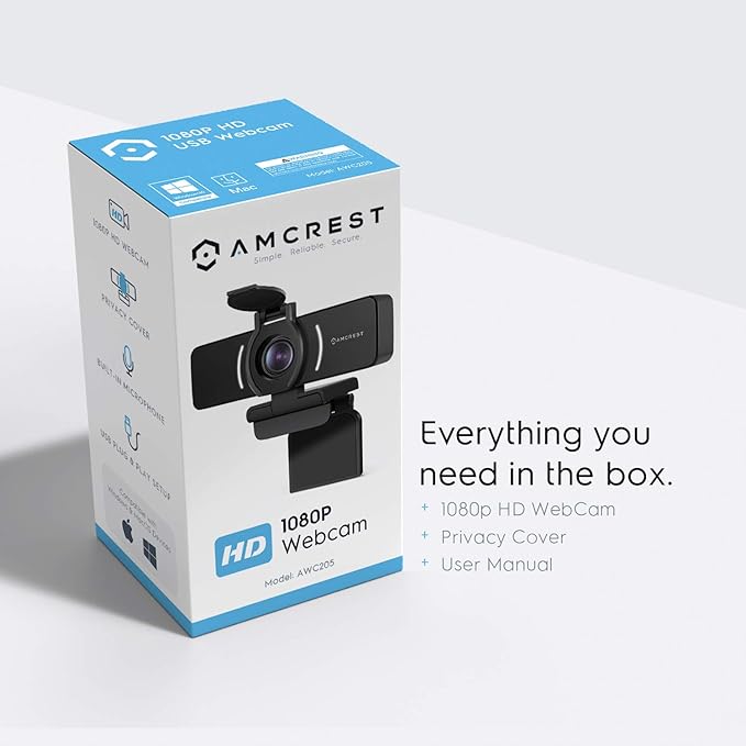 Amcrest 1080P Webcam with Microphone & Privacy Cover Web Cam USB Camera Computer HD Streaming Webcam for PC Desktop & Laptop w/Mic Wide Angle Lens & Large Sensor for Superior Low Light