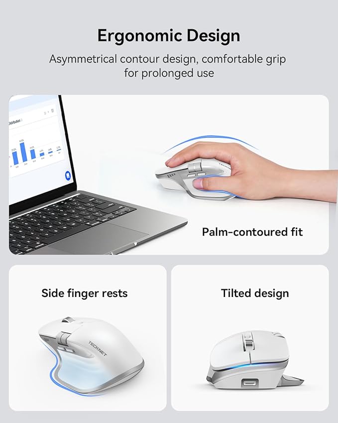 TECKNET Wireless Mouse Bluetooth Mouse (BT5.3/5.0 & 2.4G) Rechargeable Ergonomic Optical Mouse with 6 Adjustable DPI Side Scroll Quiet Clicks USB A Receiver 7 Buttons Wide Compatibility - Wh