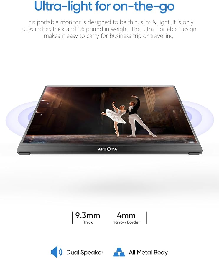 ARZOPA Portable Monitor & Sleeve 15.6'' 1080P FHD Laptop Monitor & PU Sleeve Bag Combination