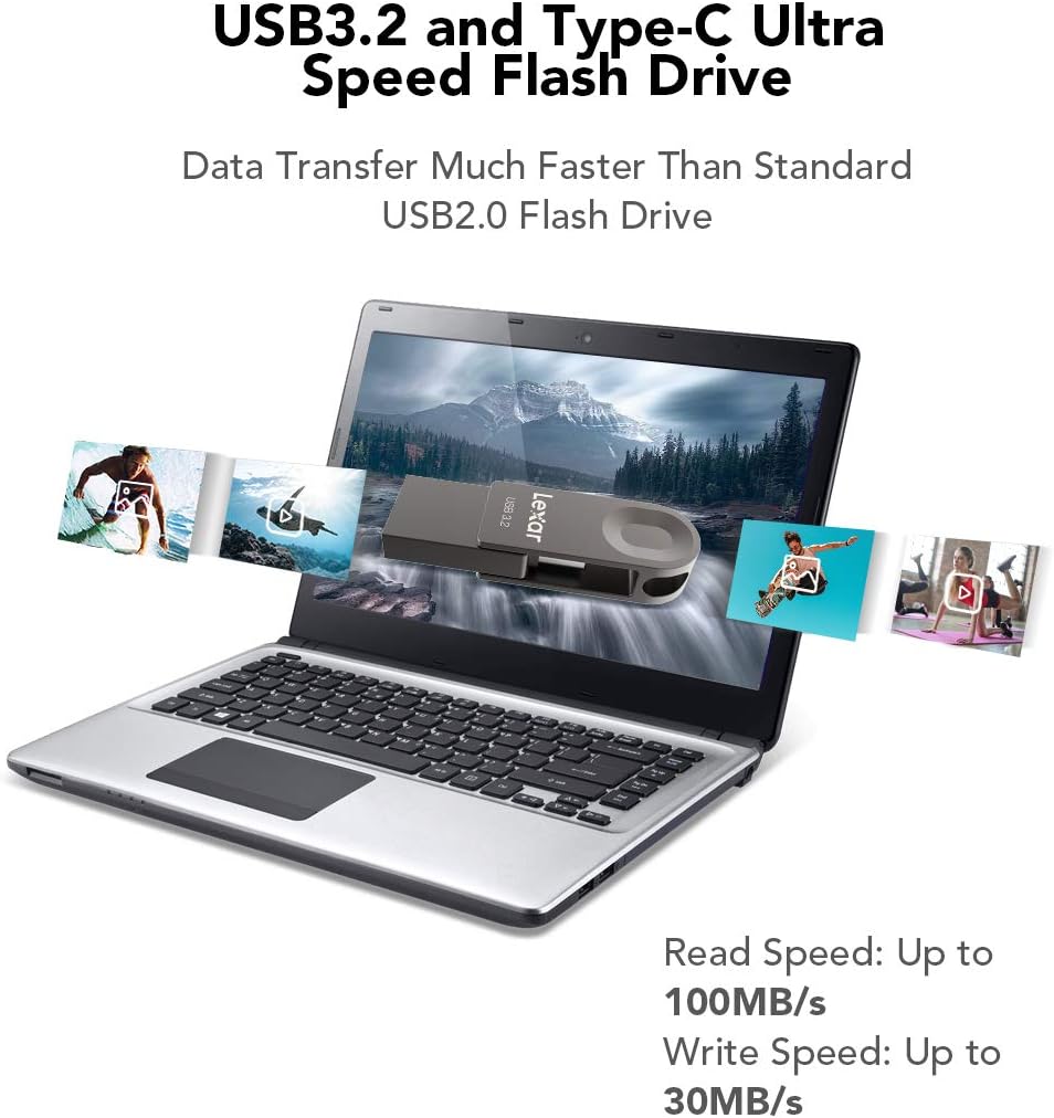 Lexar E32C 64GB Type-C USB Flash Drive, USB-A&USB-C 3.2 Gen 1 Dual Drive OTG 100MB/s Read, Thumb Drive Swivel Design Jump Drive for USB 3.0/2.0, Memory Stick for Android Smartphone, Laptop, PC