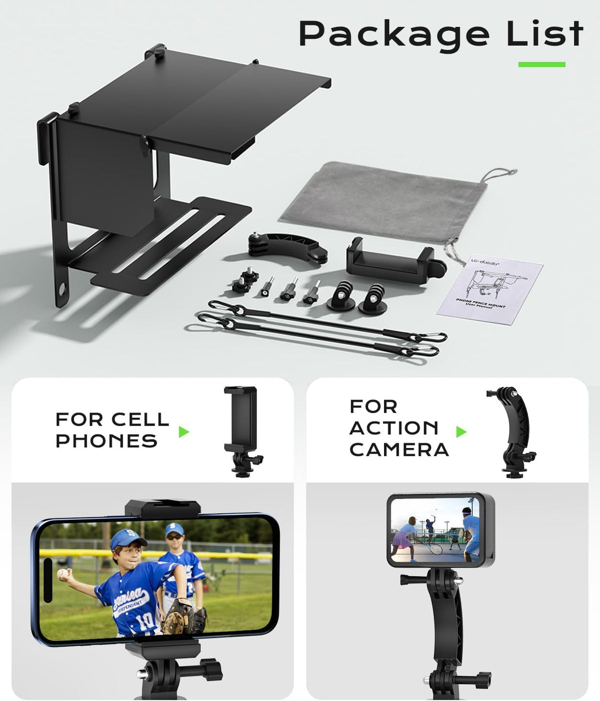 Cell Phone Fence Mount Shade - All-in-One Mounting Kit for iPhone, GoPro, Samsung, Mevo Start, Insta360 and Action Cameras, Ideal for Recording Baseball, Football, Tennis Games