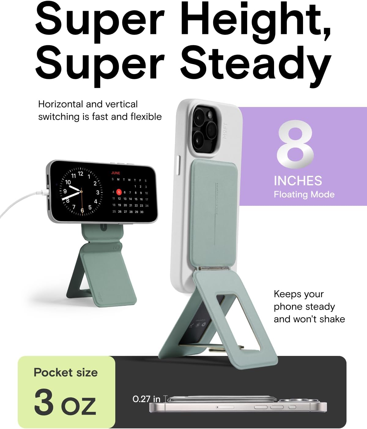 MOFT Phone Tripod Stand Selfie Stick for iPhone, Multi-Angles iPhone Stand, Lightweight & Portable Phone Holder, Strong Magnets, MOVAS Vegan Leather, Travel Essentials, Seafoam (Without Card Slot)