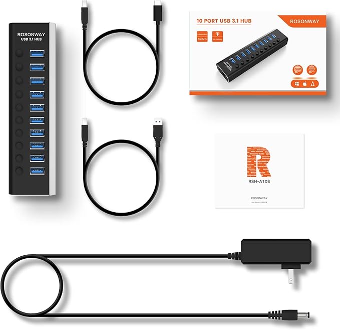 Powered USB Hub Rosonway 10 Port USB 3.1/3.2 Gen 2 Hub 10Gbps with 36W (12V/3A) Power Adapter Type A and Type C Cables Aluminum USB C Hub Splitter for PC and Laptop (RSH-A10S)