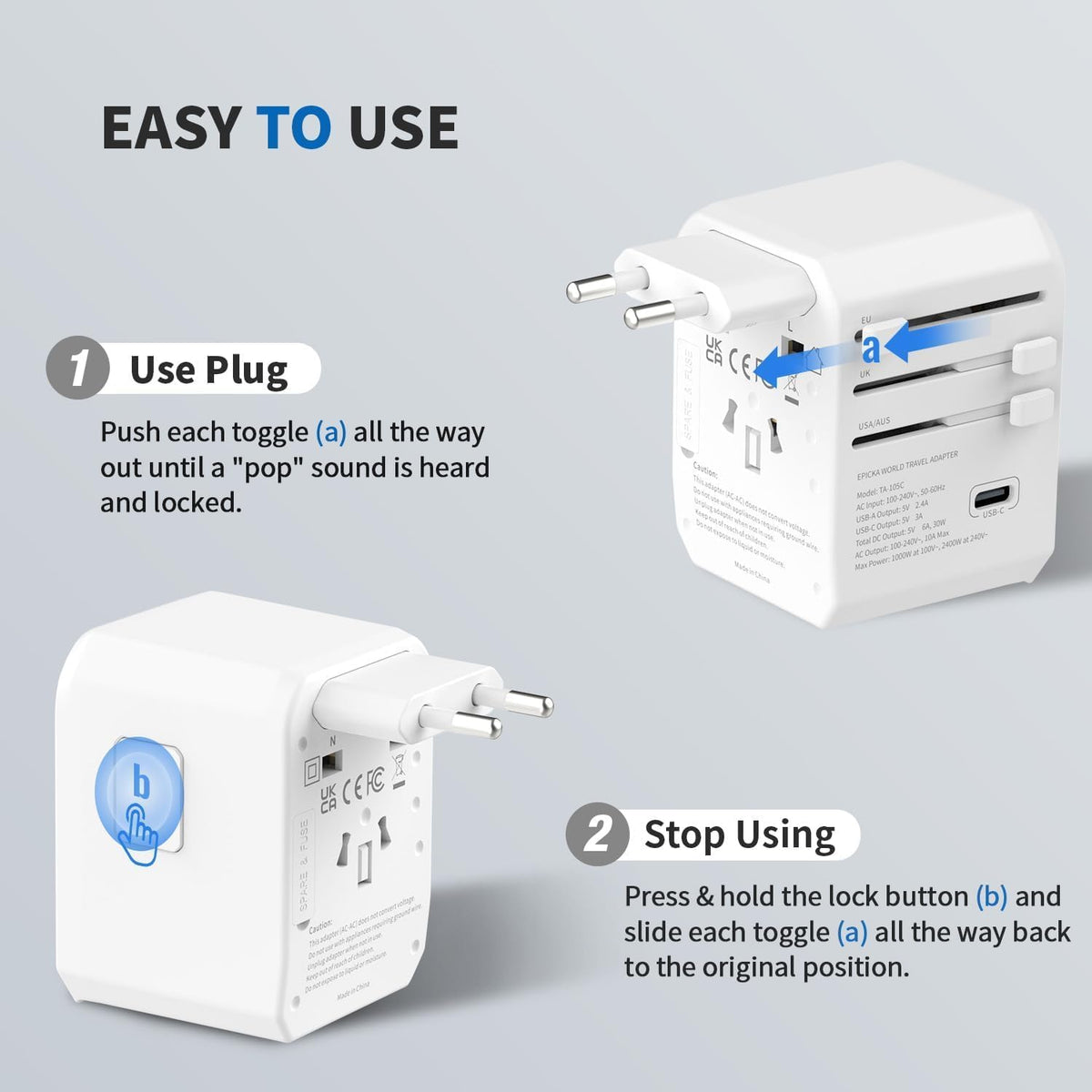 EPICKA Universal Travel Adapter, International Power Adapter with 2 USB-A & 3 USB-C Ports Wall Charger - Worldwide Travel Essentials, European Travel Plug Adapter for UK/US/AU (TA-105C, White)