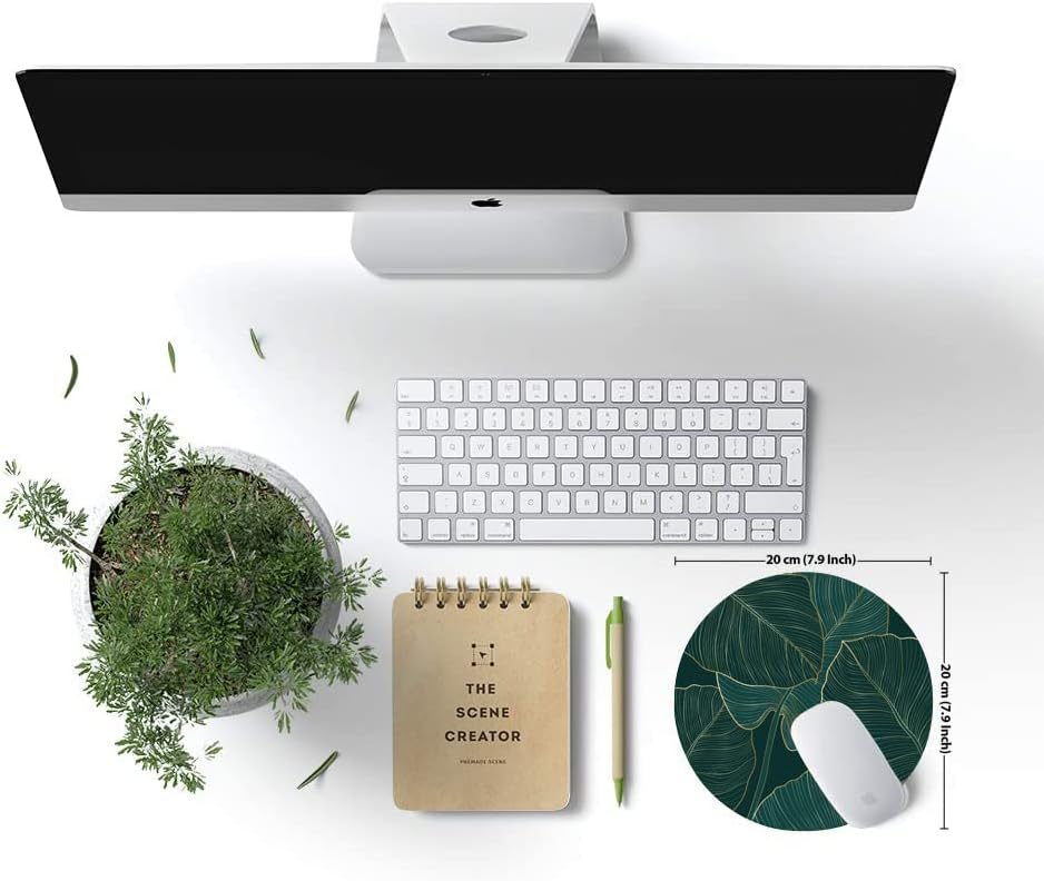 Mouse Pad, Round Computer Mouse Mat with Design, Non-Slip Rubber Base Small Mousepad, Waterproof Office Mouse Pads, Green Tropical Leaves