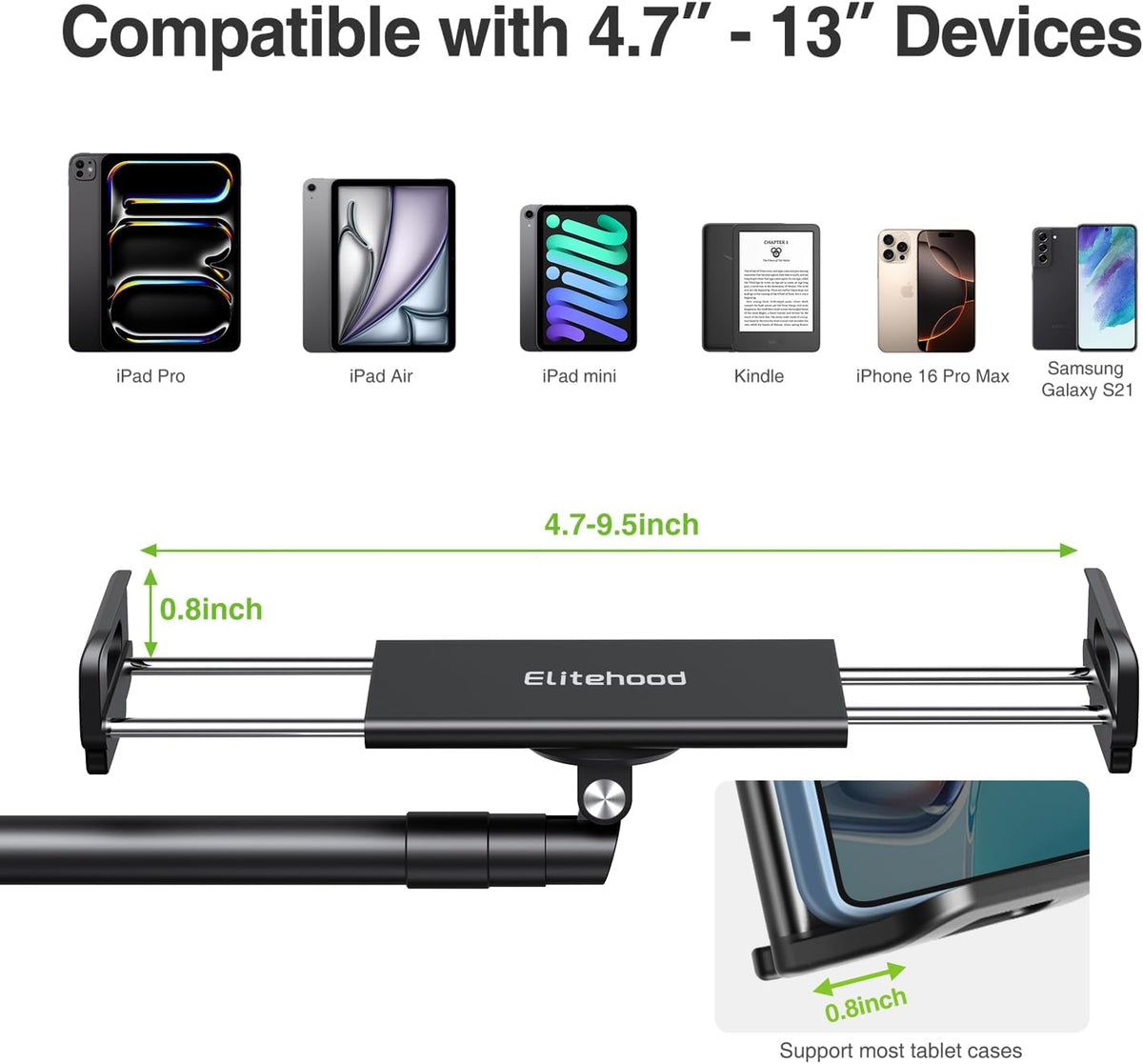 elitehood iPad Stand Floor, Height Adjustable Tablet Floor Stand with Heavy Base, 360° Rotatable Kinlde Holder for Reading in Bed, Fit 4.7''-13'' iPad mini Air Pro, Galaxy Tab, Kindle and Cell Phone