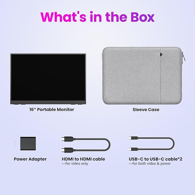 Portable Monitor 16 inch 2K QHD 2560X1600 145% sRGB 144 Hz HDR HDMI USB-C Travel Monitor for Laptop MacBook PC Surface PS5 Xbox External Display with Kickstand & Speakers VESA Compatible