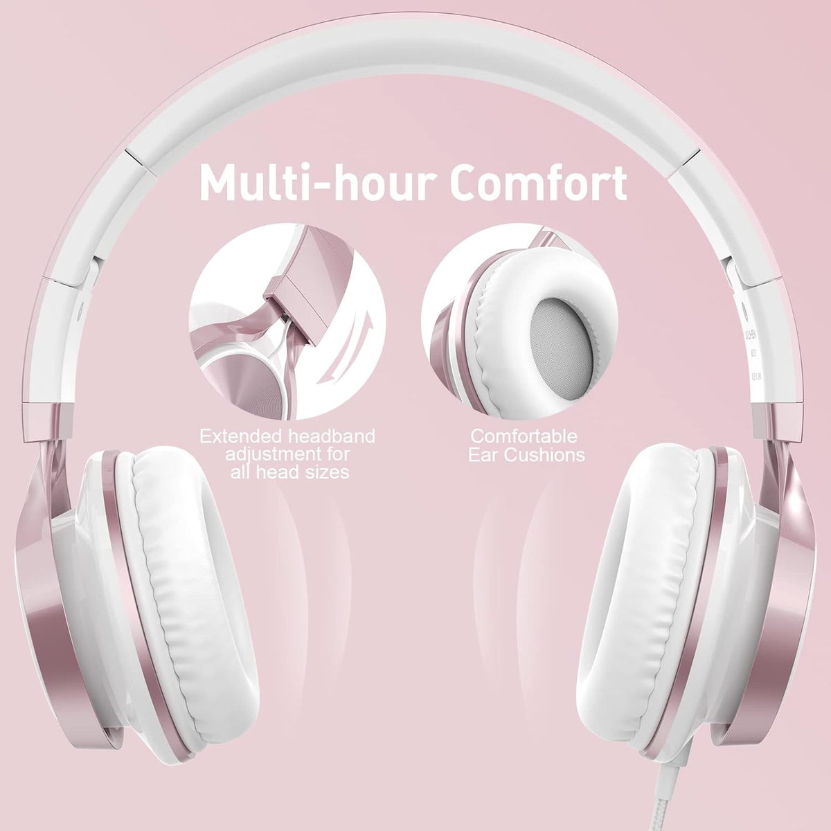 AILIHEN Kids Headphones, Headphones for School Girls Wired On-Ear Headsets with Microphone for Chromebook Laptop Computer, Foldable Adjustable Teen, Tangle-Free, 3.5mm Jack (Rose Gold)