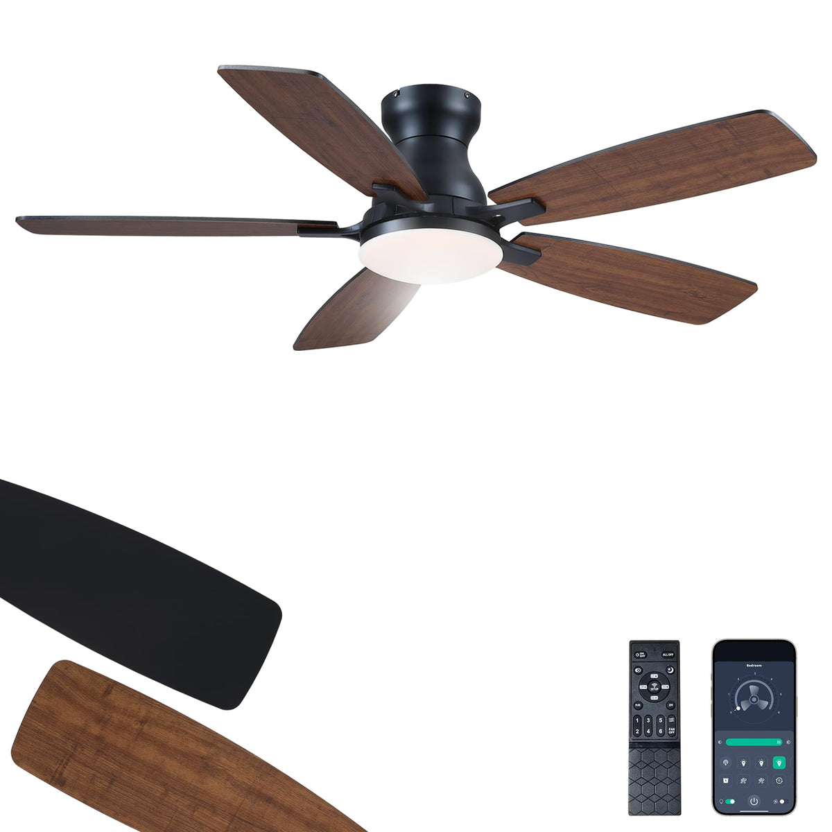 JSAITEE Ceiling Fan with Lights and Remote Control - 46In Flush Mount Ceiling Fan with 3CCT Dimmable, 6 Wind Speeds and Timing,