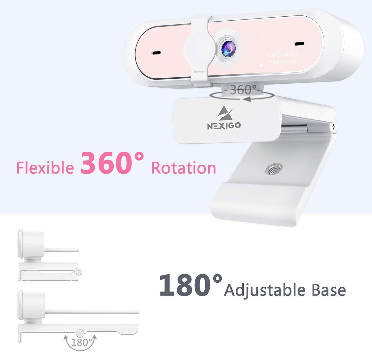 NexiGo N660P 1080P 60FPS Webcam with Software Control, Dual Microphone & Cover, Autofocus, HD USB Computer Web Camera, for OBS/Zoom/Skype/FaceTime/Teams/Twitch, Pink