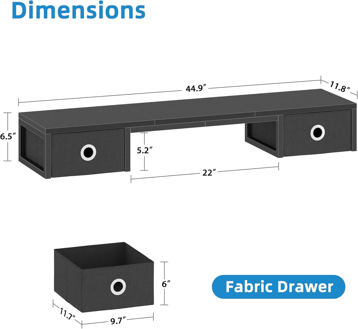45" Large TV Riser with Fabric Drawers for 32-60 inch TV, TV Stand Riser with Steel Legs, Tabletop TV Riser Shelf, Monitor Stand Riser for Home Office, Black