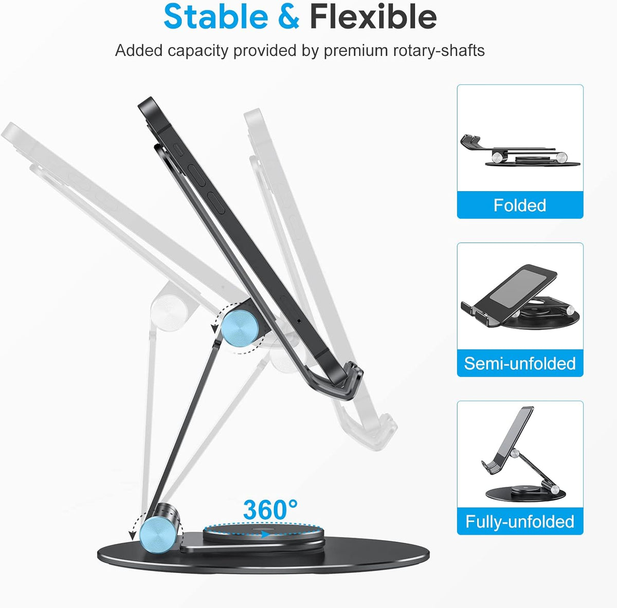 OMOTON Swivel Tablet Stand for iPad with 360 Rotating Base, Foldable Adjustable Holder for Drawing, Compatible with iPad Pro/Air/Mini and More, Black Gray