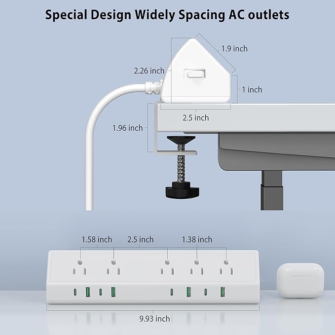 Jgstkcity Desk Clamp Power Strip USB C 45W,8 USB,15FT Cable,White