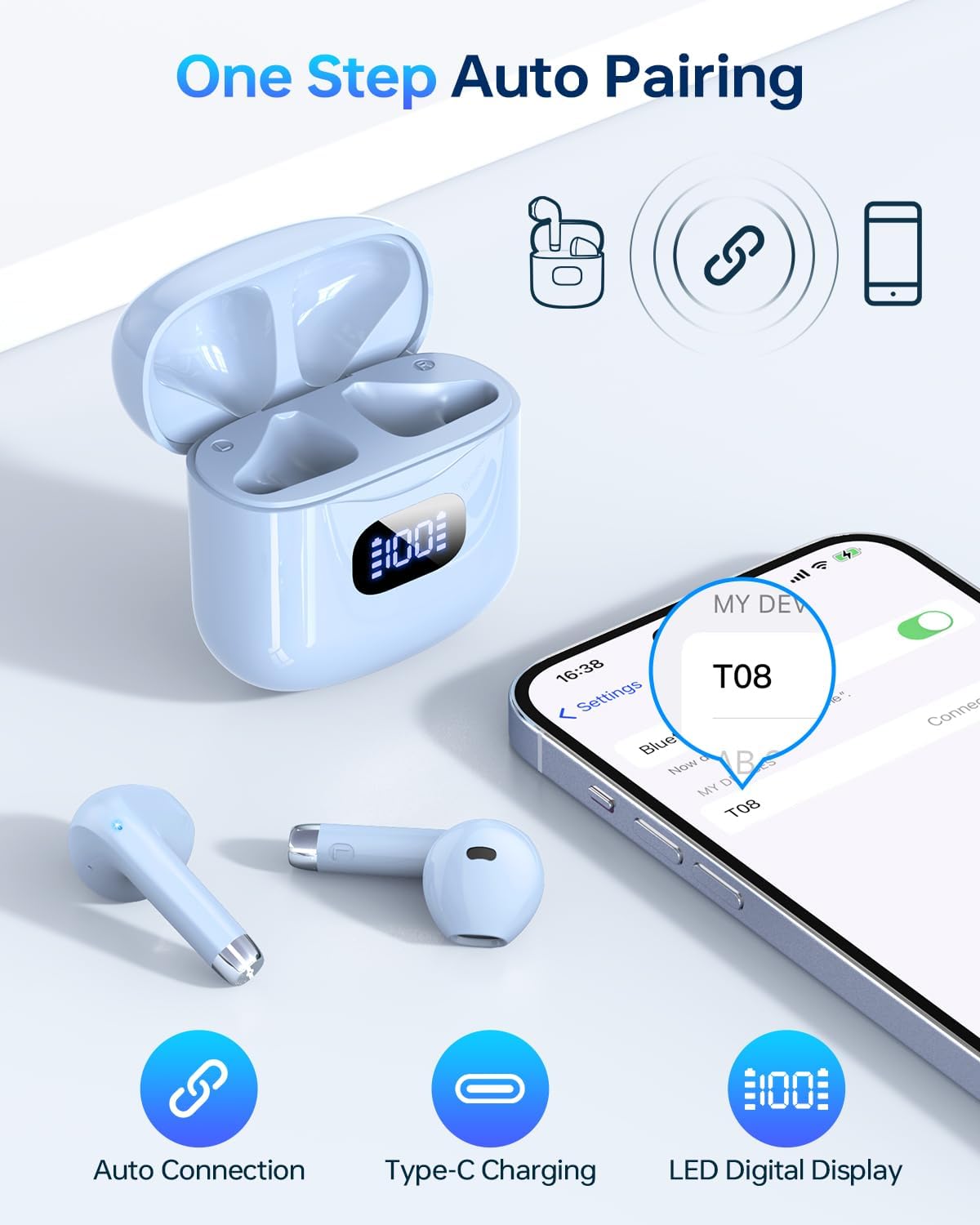 Wireless Earbuds Bluetooth 5.3 Headphones, 40Hrs Playback Stereo Ear Buds with LED Display Charging Case IPX7 Waterproof in-Ear Earphones with Mic for Phone Tablet Laptop Sports, Blue