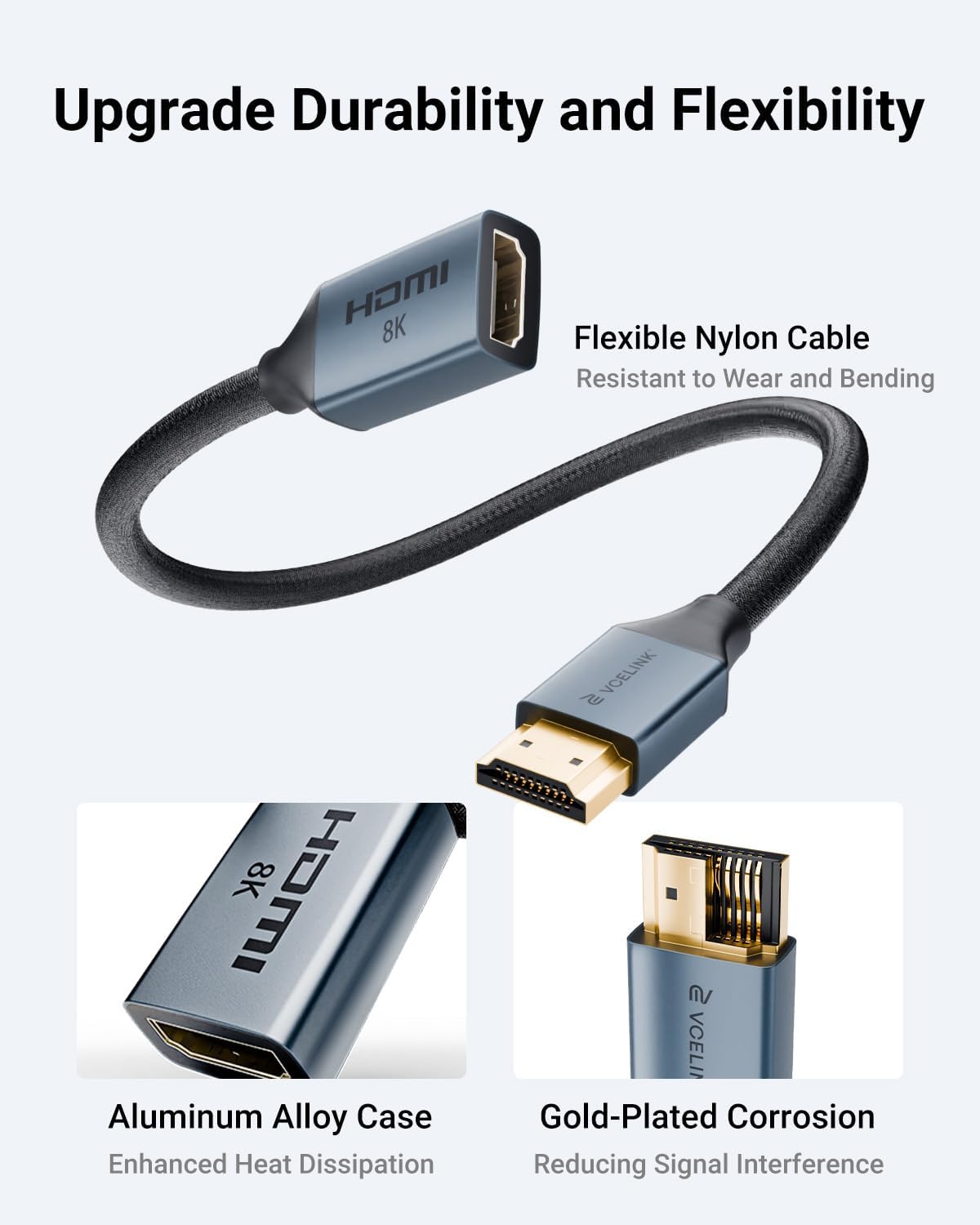 VCELINK 8K Short HDMI Extender Cable 0.6 FT Ideal for Tight Spaces, HDMI Extension Male to Female Adapter, Compatible with Roku TV Stick, HDTV, Game Console, Laptop (1 Pack, 1FT)