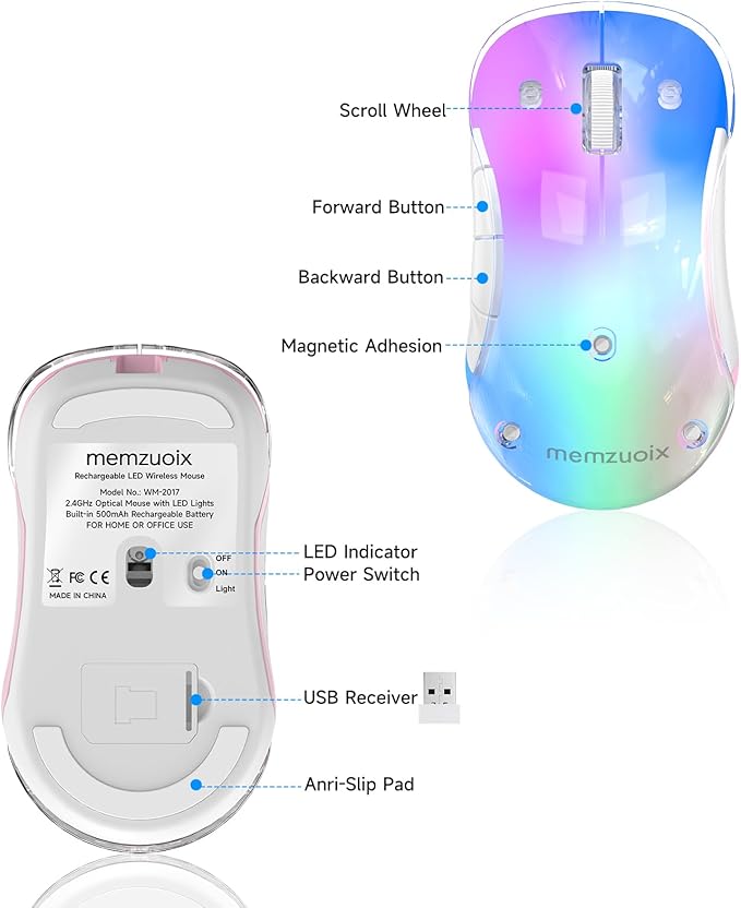 memzuoix 2.4G Wireless Mouse with Customizable Cover & 9-Color LED - Rechargeable Ergonomic 1400 DPI 5 Buttons USB Receiver for PC/Mac - Pink