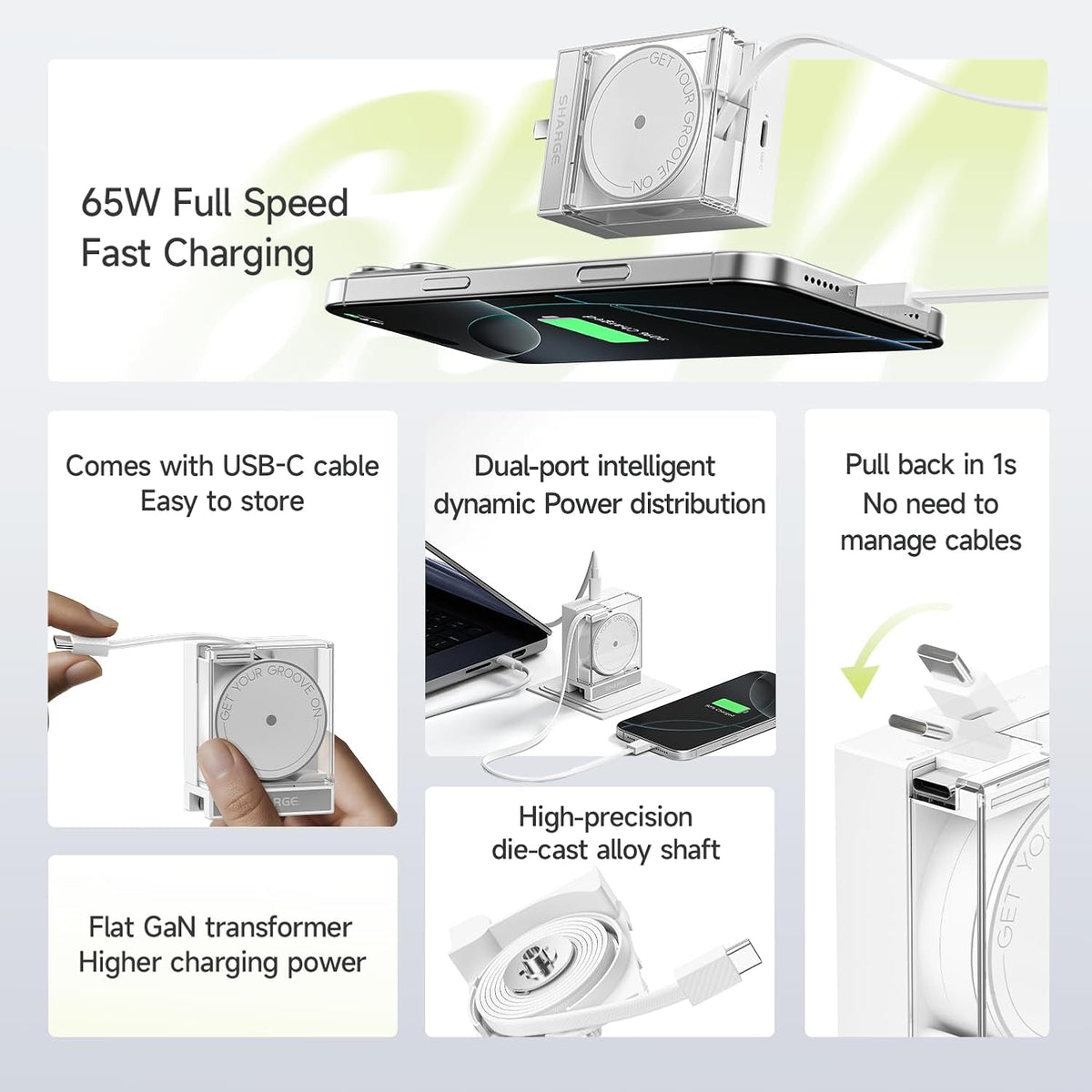 Retractable 65W USB C Charger, GaN Power Wall Charger with Retractable Cable, 2 Devices PD Fast Charging for MacBook Pro/Air, iPhone 16,Pixel Book, iPad Pro (White)