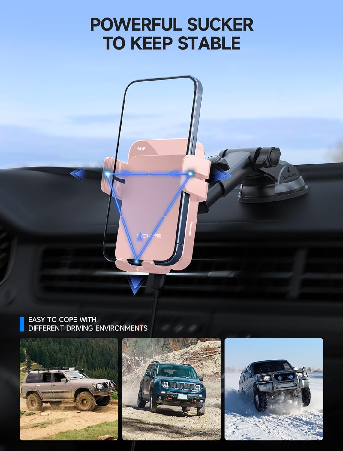 MOKPR Wireless Car Charger, 15W Auto Clamping Car Charger Dash Windshield Air Vent Phone Holder Compatible with iPhone 16 15 14/13/13 Pro/12 pro/12/11/X/8, Samsung S24/S23/S22, Pink