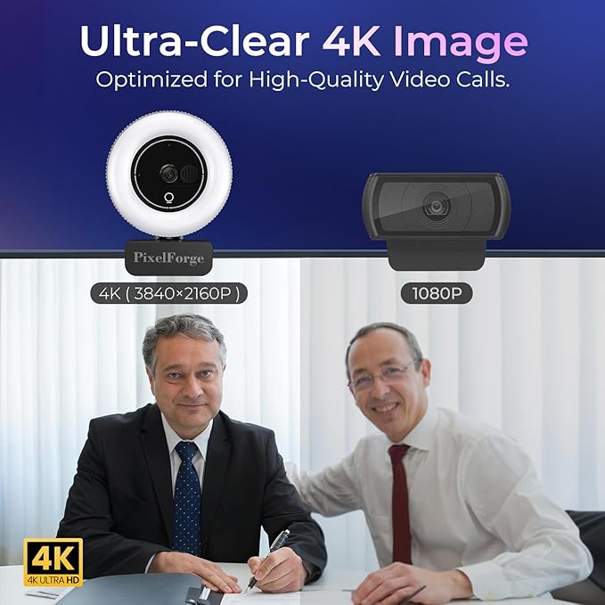 4K Webcam for PC with Microphone & Light & Privacy Cover Web Camera for Desktop Computer/Laptop/Monitor/Mac 4K UHD Sony Sensor PDAF Auto Focus Dual AI Noise-Cancelling Mics USB Camera
