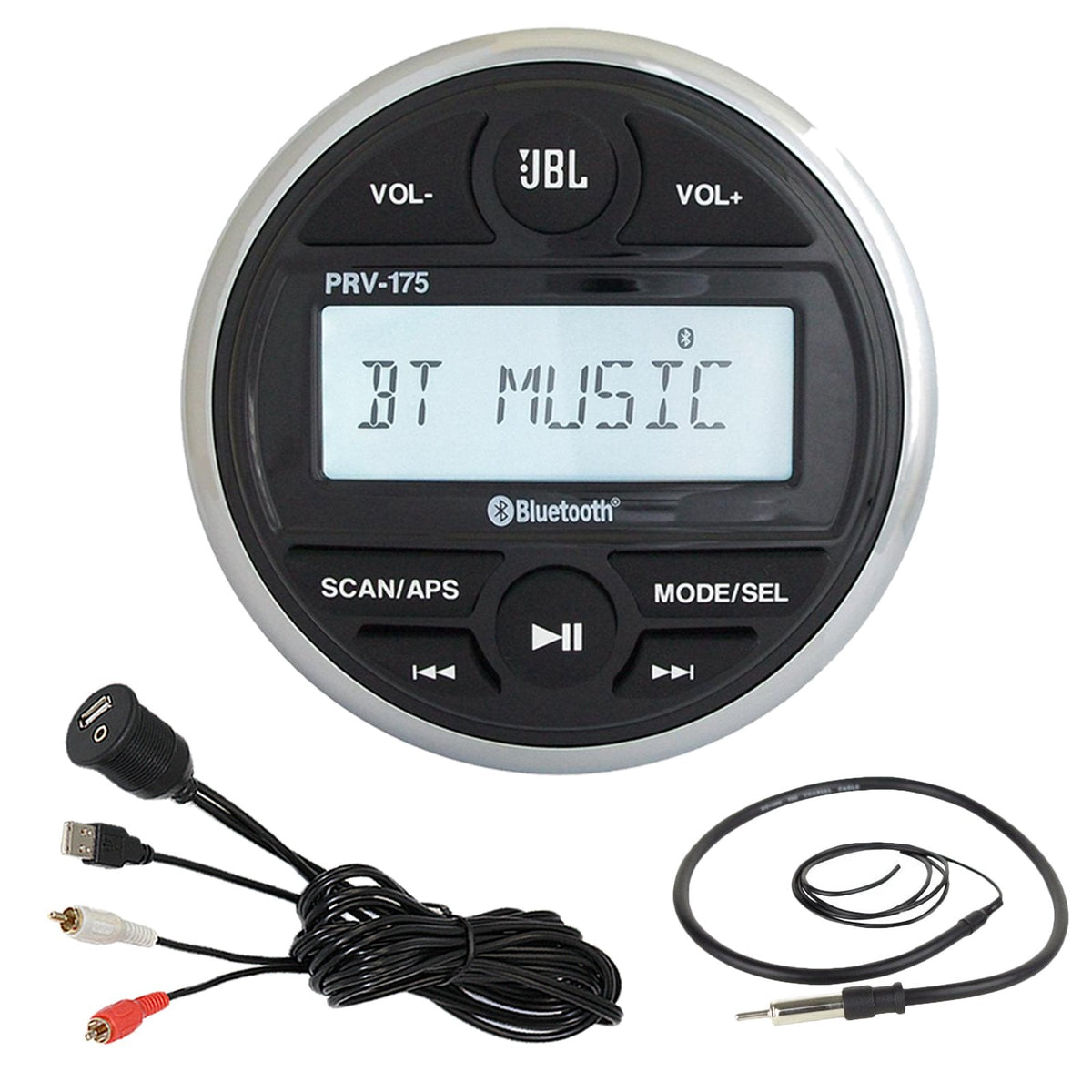 JBL PRV-175 Marine Gauge Hole Mount USB Bluetooth AM/FM Digital Stereo Receiver, USB 3.5MM AUX to RCA Interface Mount Cable + 22