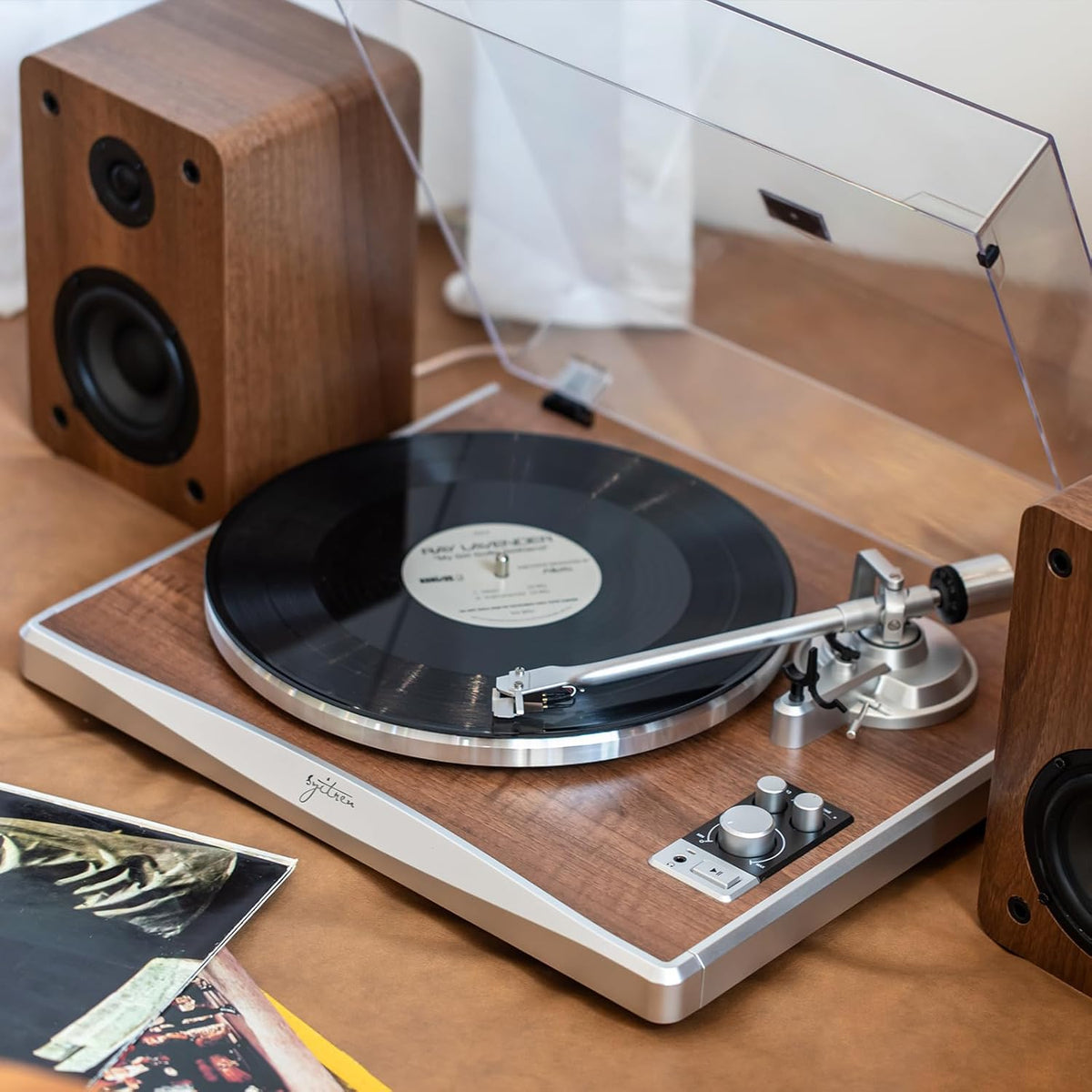 KORUS Record Player with External Speakers,Bluetooth Turntable,Belt-Drive Turntable 2-Speed, Adjustable Counterweight,Vintage LP Players