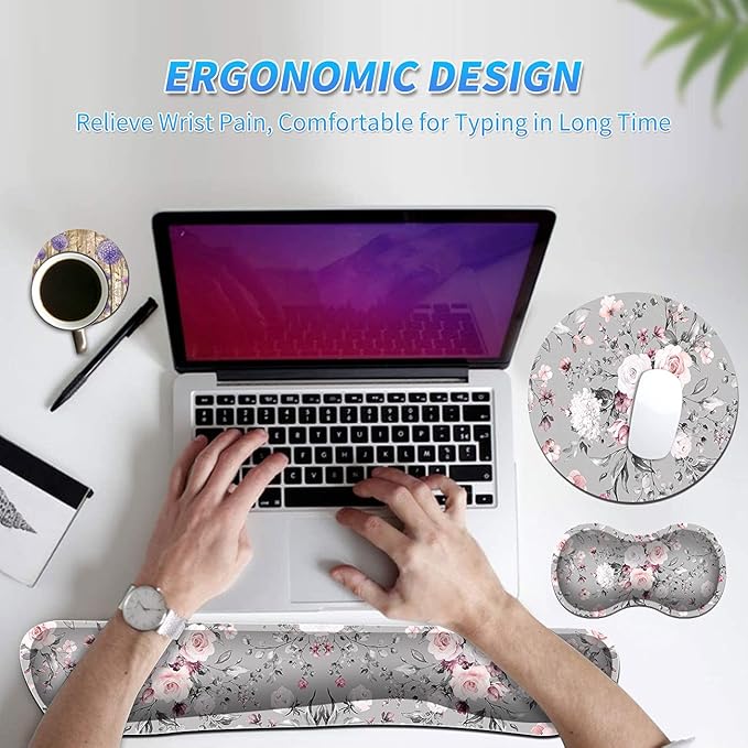 Keyboard Wrist Rest & Mouse Pad & Mouse Wrist Rest Support & Coaster Non Slip Rubber Base Wrist Support with Ergonomic Raised Memory Foam for Computer Laptop Home Office Pink Rose Floral