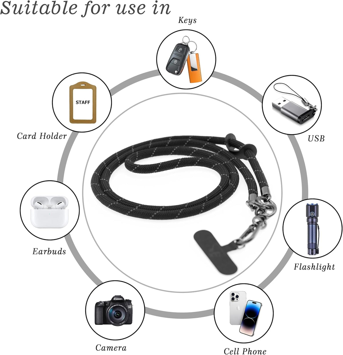Phone Lanyard Universal Cell Phone Strap Crossbody Strap for iPhone Lanyard Around the Neck Extra Long Rope with Tether Tab for Men and Women (Black Reflective)