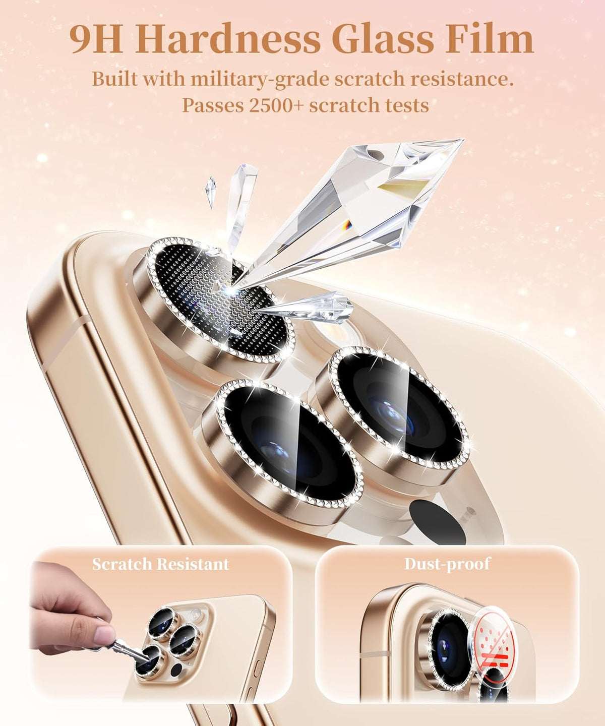 GolbinBox Camera Lens Protector for iPhone 16 Pro Max/16 Pro, 1:1 Invisible Fit, 9H Tempered Glass Ultra HD Metal Individual Camera Cover Screen Protectors for Women, Case Friendly, Bling/Desert Gold