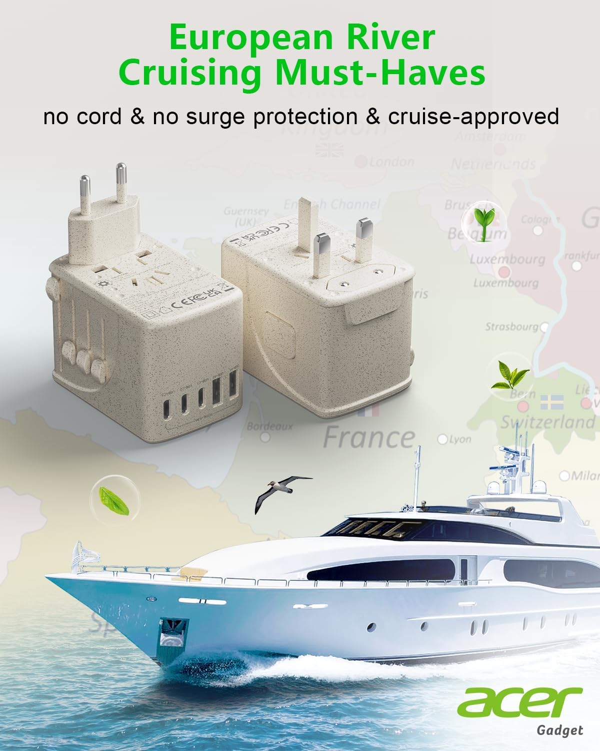 Acer Universal Travel Plug Adapter - International Power Adapter with 5 USB Ports (3 USB C) 5.8A, Worldwide Outlet Charger for USA to European UK France Germany Spain, Type C/E/F/G/I/L/A,Beige