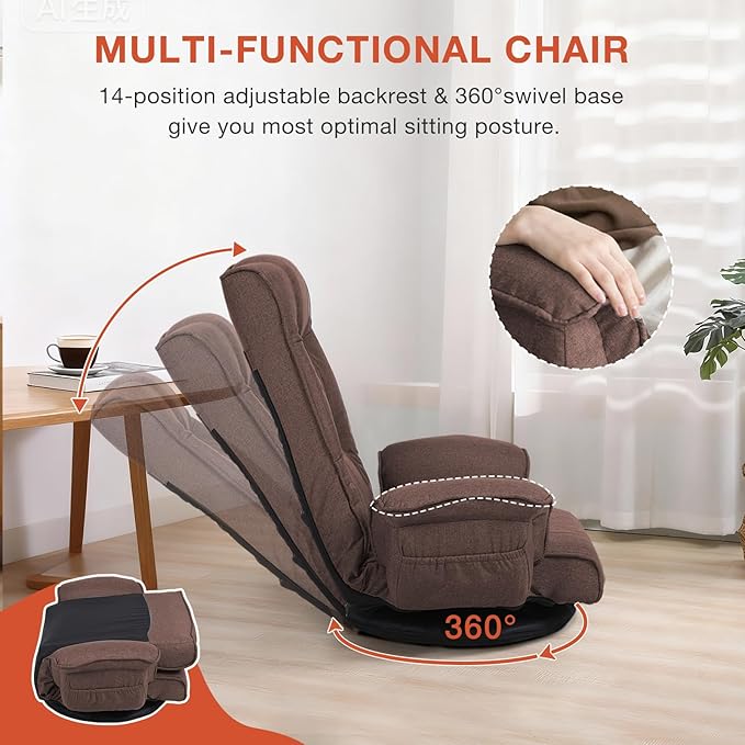 Ergonomic Swivel Floor Gaming Chair with Armrests & Side Pockets 6-Position Reclining Sofa Bed Foldable Padded Lounger with Thick Cushion & Lumbar Support for Esports Reading TV Watching (