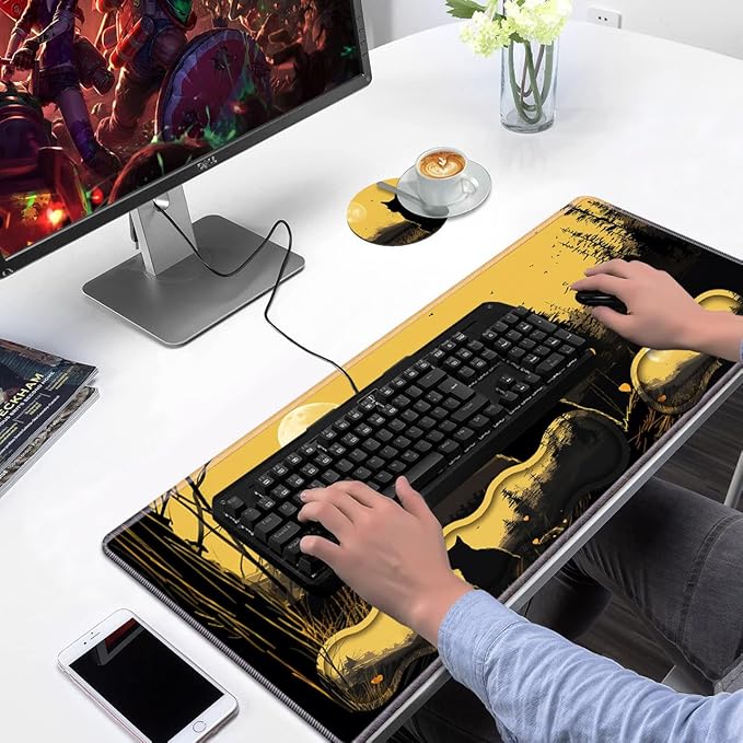 Ergonomic Keyboard Wrist Rest & Mouse Pad Wrist Rest Set Large XXL Gaming Desk Mat 31.5x 11.8 with Non-Slip Base Memory Foam Easy Typing Pain Relief for Home & Office Black Cat